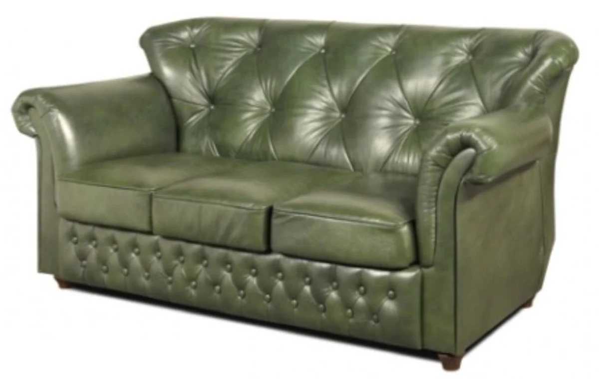 Chesterfield genuine leather 3-seater sofa in green with dark brown feet 200 x 80 x H. 85 cm - luxury quality