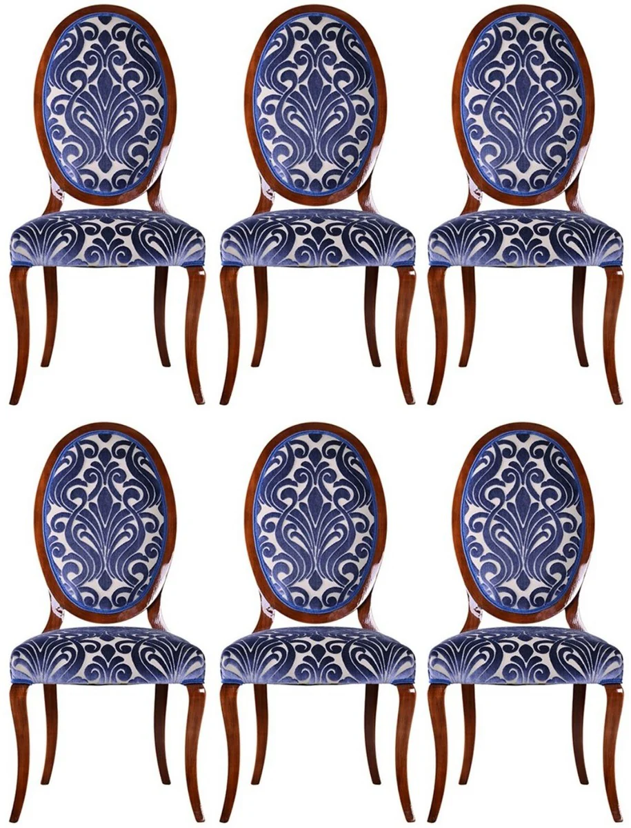 Luxury Art Nouveau dining chair set of 6 blue / cream / brown 51 x 48 x H. 106 cm - Elegant kitchen chairs with pattern - Baroque & Art Nouveau dining room furniture - Luxury quality