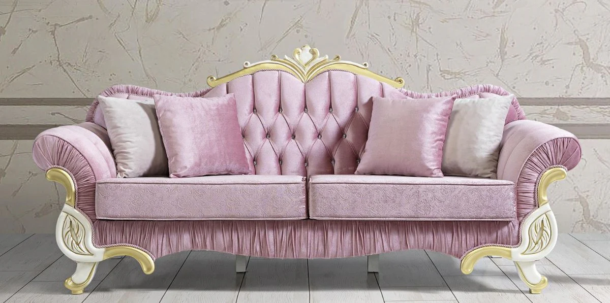Baroque living room sofa with glittering stones pink / white / gold 228 x 105 x H. 85 cm - noble & magnificent