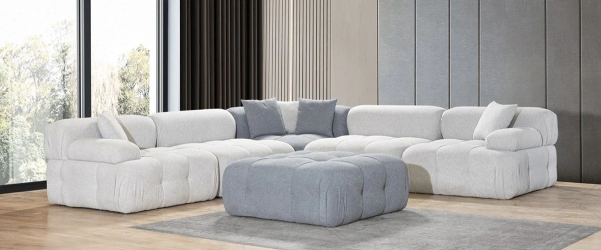 Luxury living room corner sofa with stool light gray / gray 295 x 295 x H. 70 cm - Modular 6-piece sofa - Hotel sofa - Living room furniture - Hotel furniture - Luxury furniture