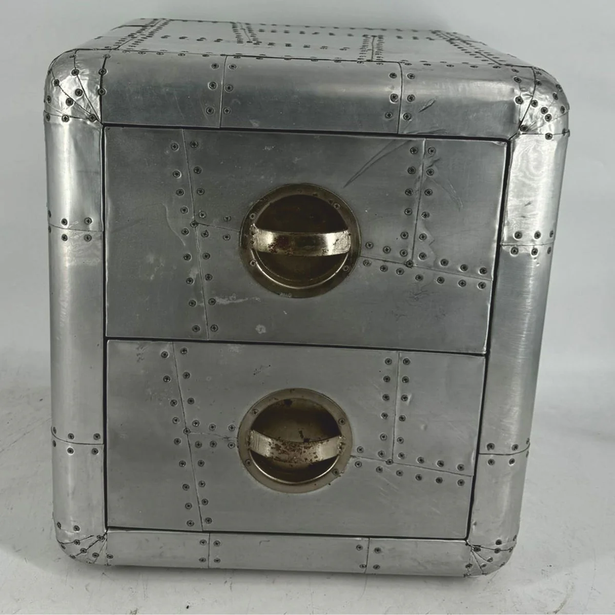 Aluminum airplane aviator bedside table with 2 drawers silver H. 50 cm