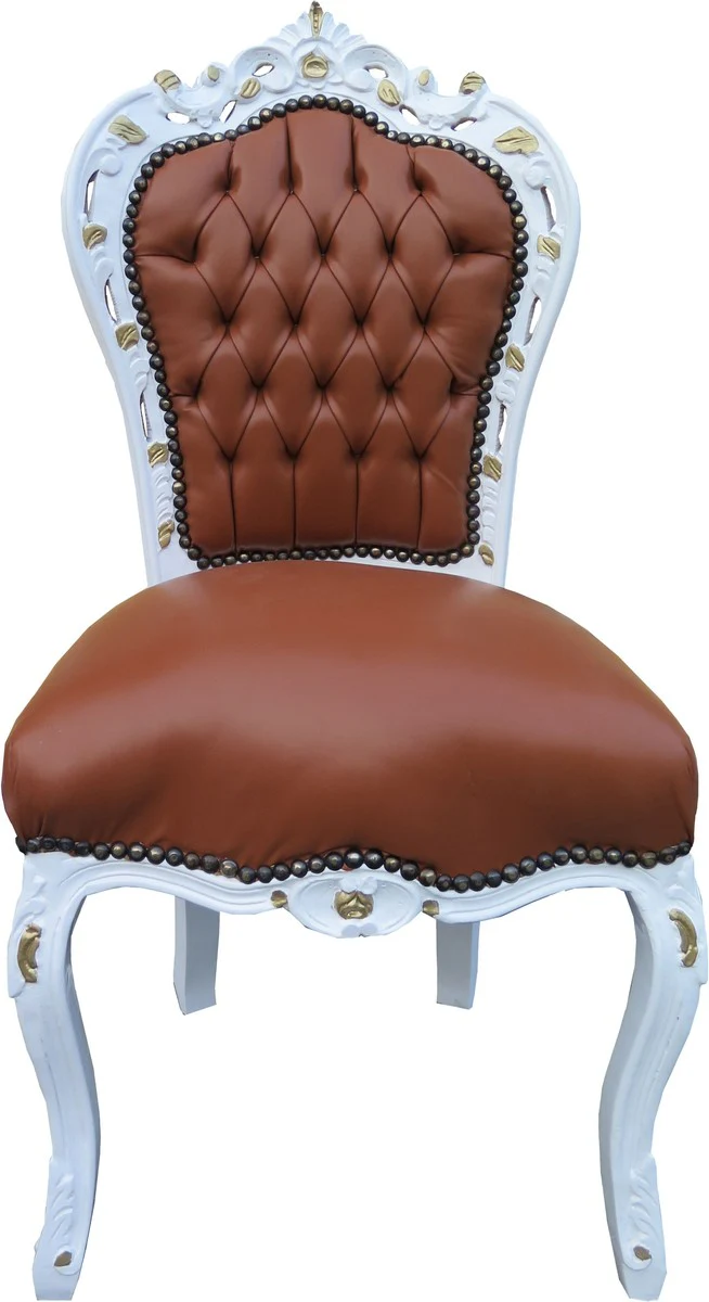 Baroque Dining Room Chair Apricot Brown Leather Look White Gold - Limited Edition