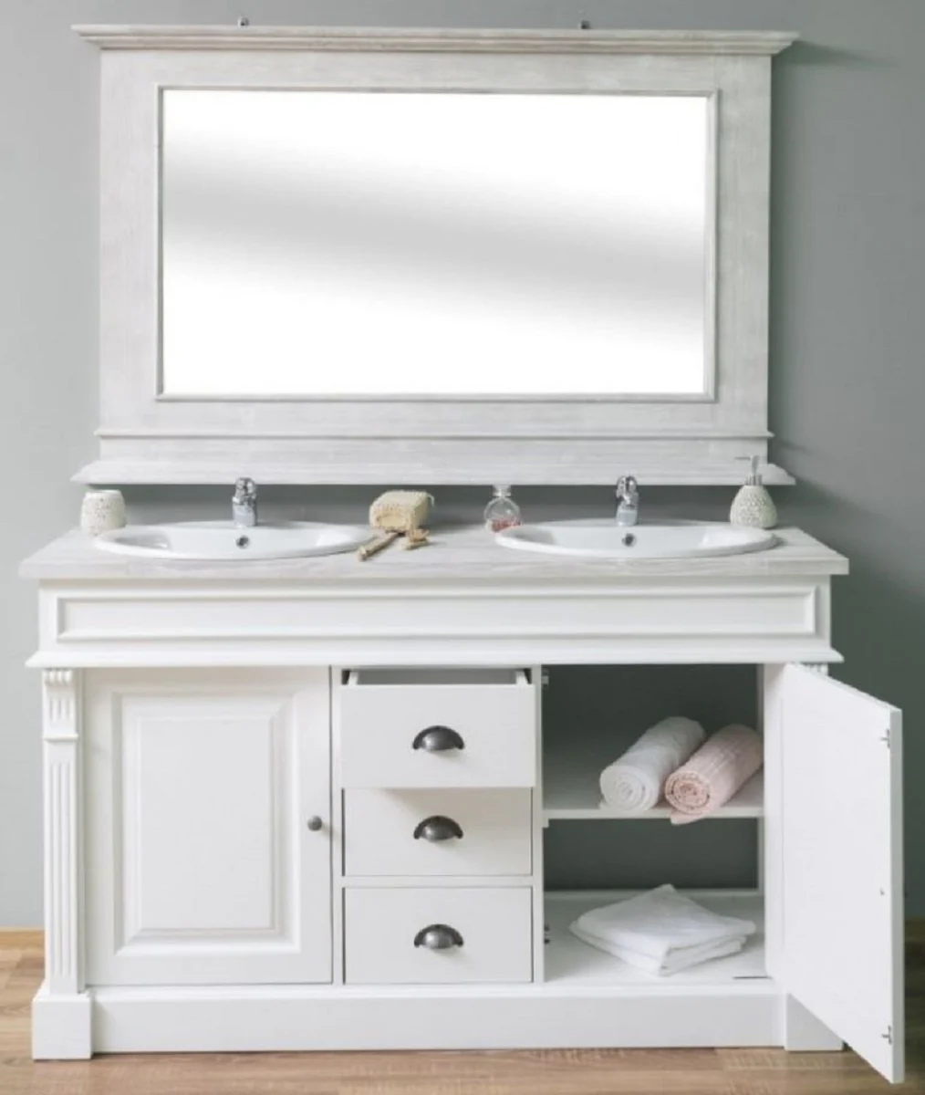 Country house style bathroom set white / light gray - 1 double washbasin & 1 wall mirror - solid wood bathroom furniture in country house style