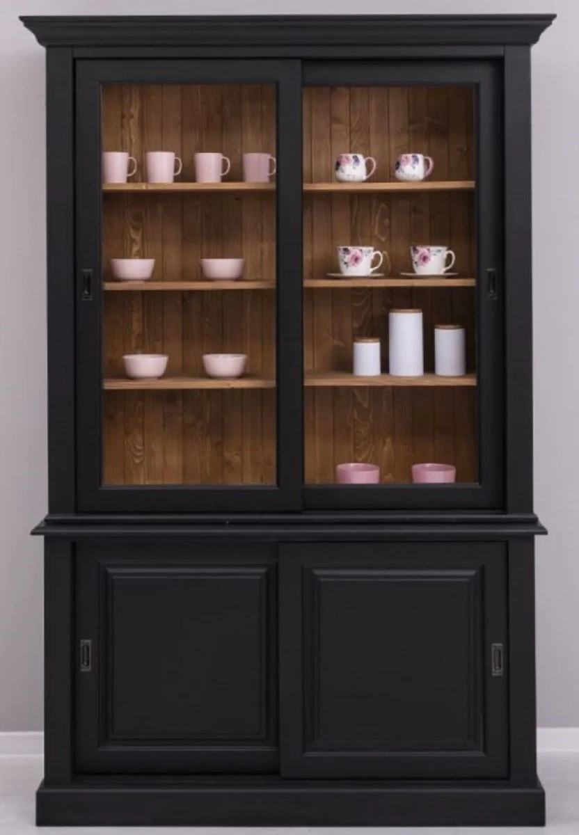 Country house style dining room cabinet black / brown 141 x 48 x H. 212 cm - solid wood cabinet with 4 sliding doors - country house style solid wood dining room furniture