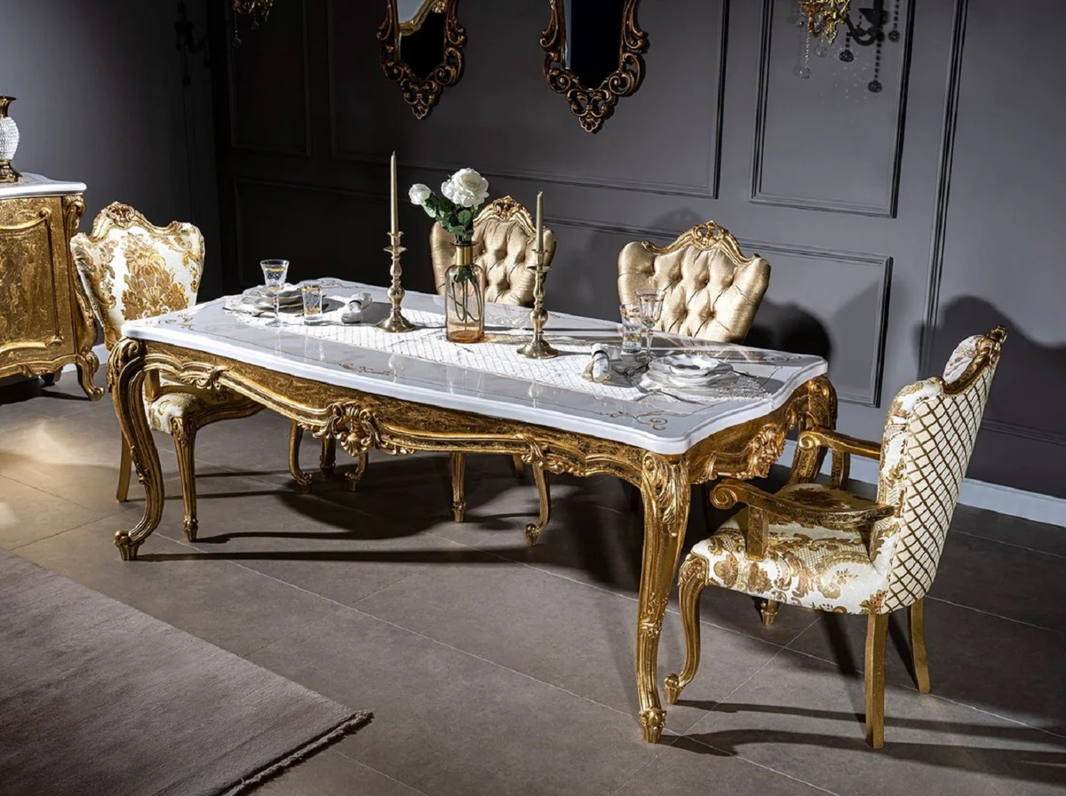 Luxury baroque dining room chair set white / gold - 6 handmade kitchen chairs in baroque style - baroque dining room furniture - noble and magnificent