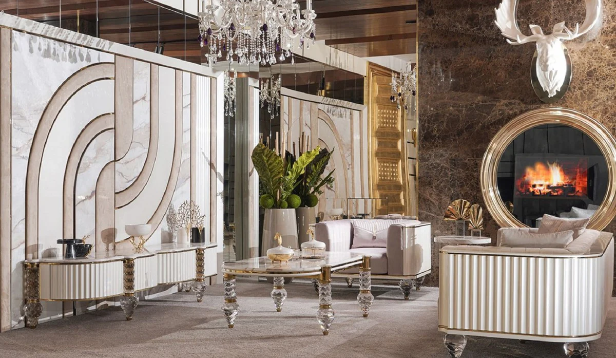 Luxus Art Deco 4er Sofa Grau / Gold