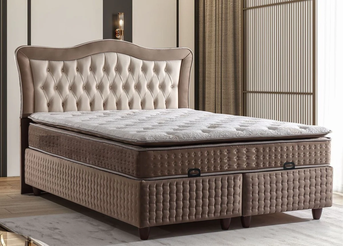 Luxury Art Deco double bed cream / brown - Various sizes - Solid wood bed with headboard and mattress - Bedroom furniture - Hotel furniture - Luxury furniture - Luxury furnishings