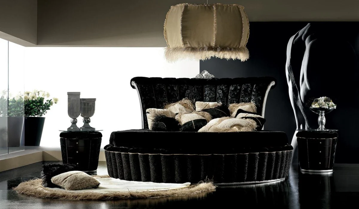 Luxury Baroque Round Bed Black / Silver - Round Baroque Bed with Mattress - Magnificent Baroque Bedroom & Hotel Furniture - First Class Quality - Made in Italy