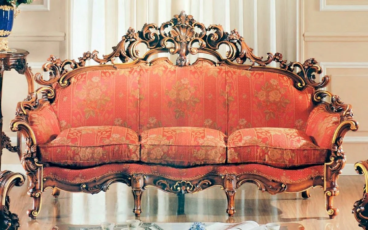 Luxury Baroque Sofa Red / Brown / Gold - Magnificent living room sofa with elegant pattern - Baroque living room & hotel furniture - First class quality - Made in Italy