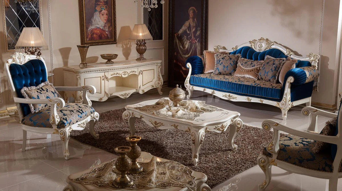 Luxus Barock Wohnzimmer Set Blau / Braun / Weiß / Gold - 2 Barock Sofas & 2 Barock Sessel & 1 Barock Couchtisch - Wohnzimmer Möbel im Barockstil - Barock Möbel - Barock Einrichtung