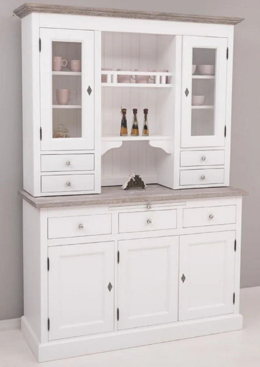 Country house style kitchen cabinet white / gray 138 x 50 x H. 197 cm - 2-part kitchen cabinet with 5 doors and 7 drawers - country house style kitchen furniture
