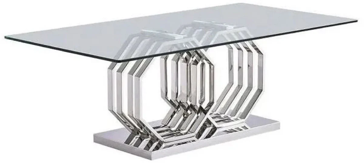 Luxury dining table silver 220 x 120 x H. 75 cm - Rectangular metal dining room table with glass top - Dining room furniture - Luxury furniture