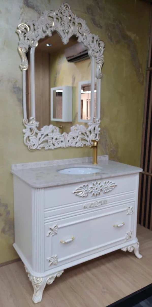 Baroque bathroom set white / gold - 1 washbasin with marble top and ceramic washbasin & 1 wall mirror - Magnificent bathroom furniture in the baroque style