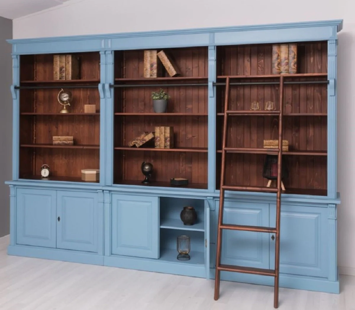 Country house style bookcase with ladder light blue / dark brown 223 x 51 x H. 228 cm - solid wood cabinet - living room cabinet - shelf cabinet - office cabinet - country house style furniture