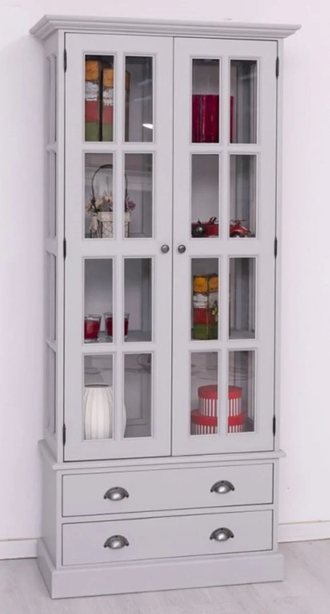 Country house style display cabinet light gray 91 x 47 x H. 200 cm - Solid wood display cabinet with 2 doors and 2 drawers - Country house style furniture - Solid wood furniture - Dining room furniture