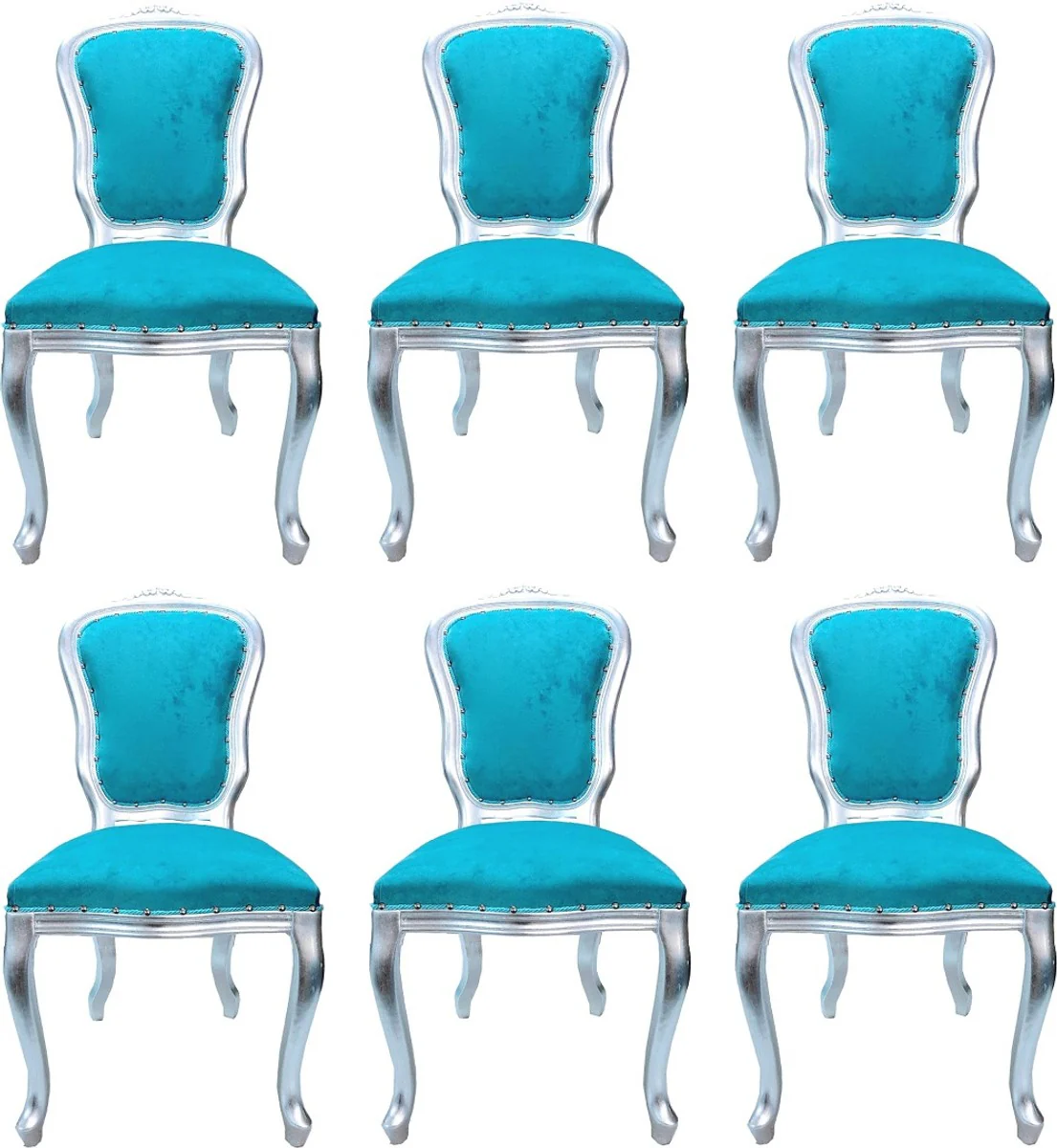 Luxury baroque dining room set Louis turquoise / silver 50 x 60 x H. 104 cm - 6 handmade dining chairs - Baroque dining room furniture - Made in Italy
