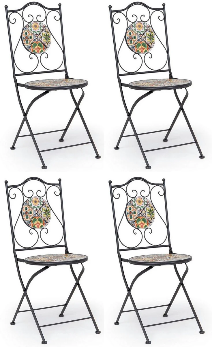 Art Nouveau garden chair set of 4 black / multicolored 39 x 47 x H. 92 cm - folding chairs with ceramic plates - nostalgic garden & catering furniture