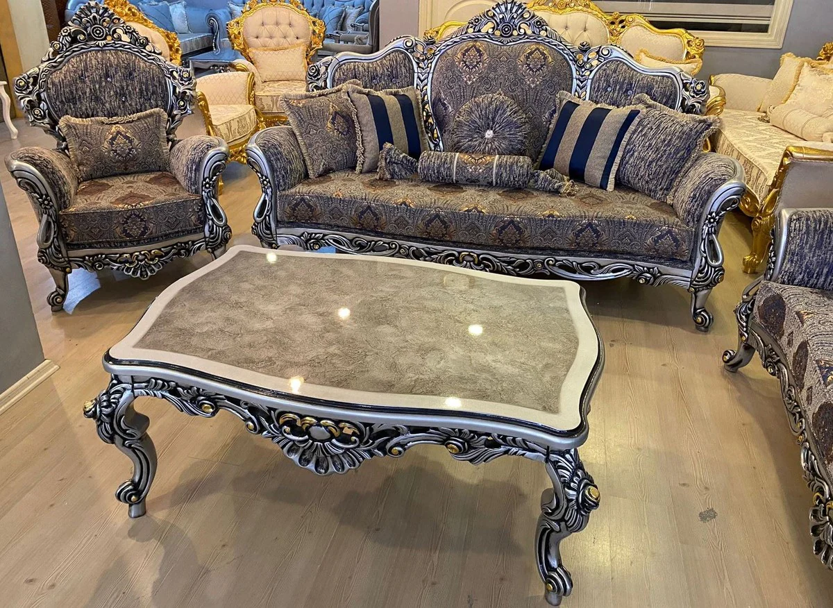 Luxus Barock Wohnzimmer Set Mehrfarbig / Silber / Schwarz / Gold - 2 Barock Sofas & 2 Barock Sessel & 1 Barock Couchtisch - Luxus Wohnzimmer Möbel im Barockstil - Barock Möbel