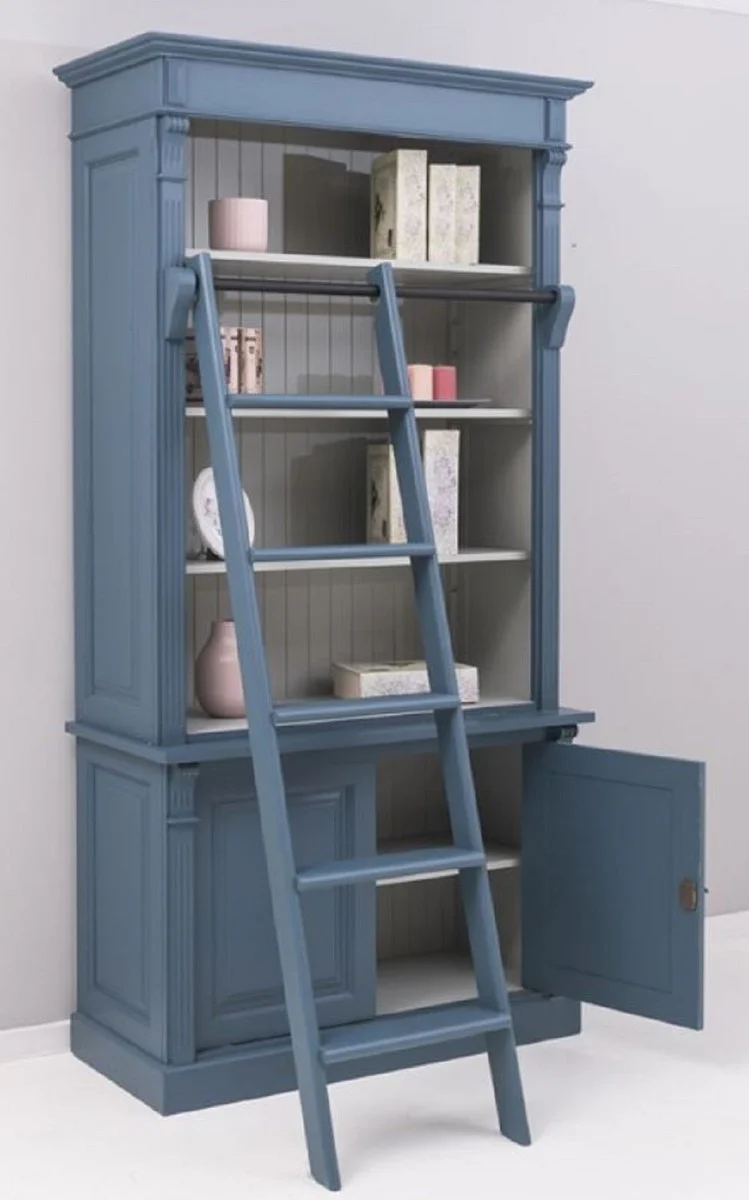 Country house style bookcase with ladder blue / gray 120 x 51 x H. 228 cm - solid wood cabinet - shelf cabinet - living room cabinet - office cabinet - country house style furniture