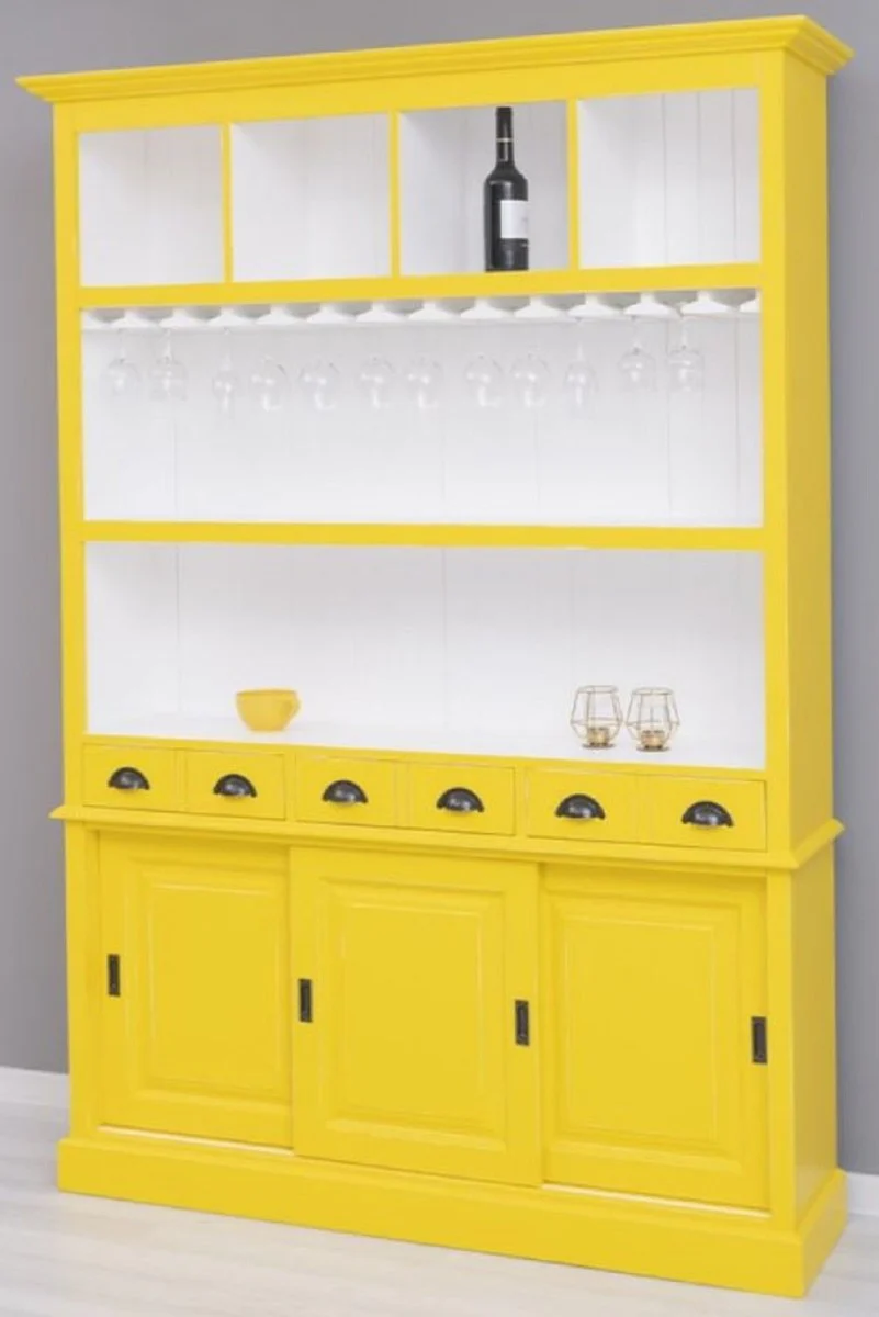 Country house style solid wood bar cabinet yellow / white 151 x 36 x H. 210 cm - Solid wood wine cabinet in country house style - Solid wood bar furniture - Country house style bar furniture