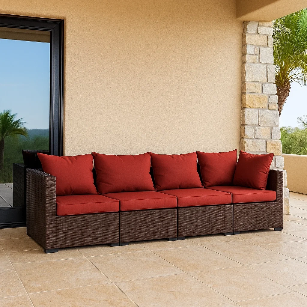 Gartensofa, braun, Holz und Rattan, für die Terrasse, 280 x 70 x 60 cm