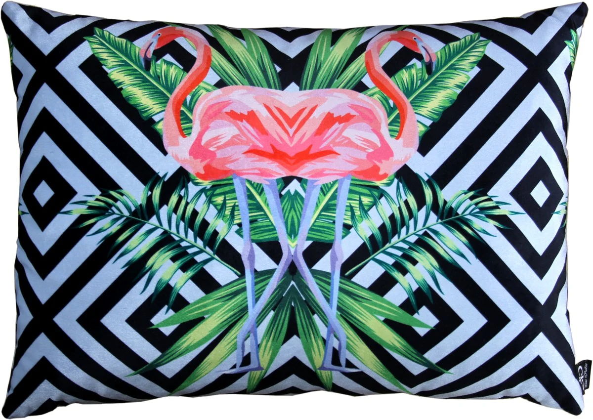 Luxus Deko Kissen Florida Flamingos Mehrfarbig 35 x 55 cm - Feinster Samtstoff - Dekoratives Wohnzimmer Kissen