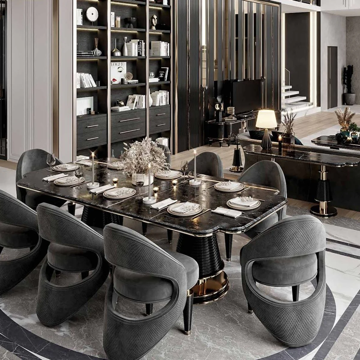 Luxury dining room furniture set gray / black / gold - 1 luxury dining table with faux marble table top & 8 luxury dining room chairs - dining room furniture - restaurant furniture - luxury furniture