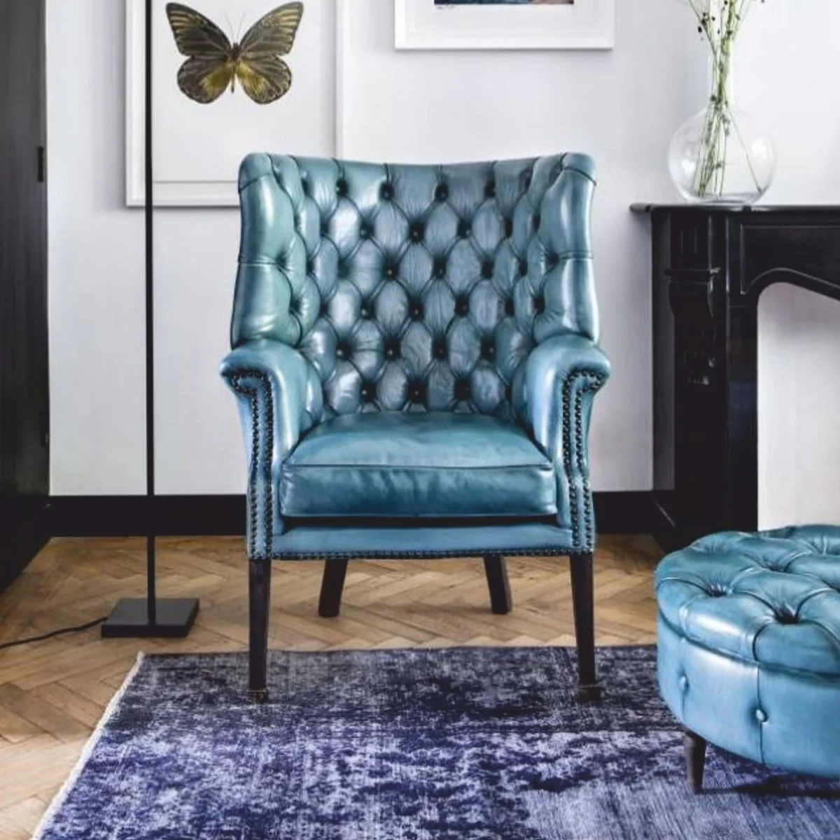 Luxury Chesterfield genuine leather wing chair light blue / black H. 112 cm