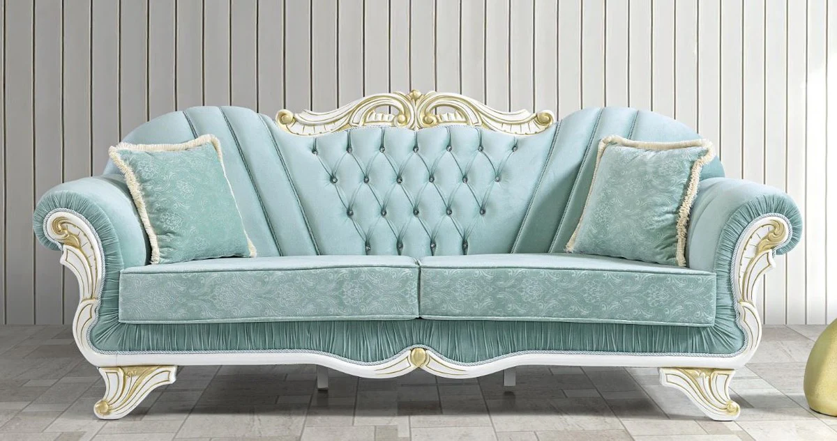 Baroque living room sofa with glittering stones light green / white / gold 235 x 87 x H. 102 cm - Noble living room furniture in the baroque style