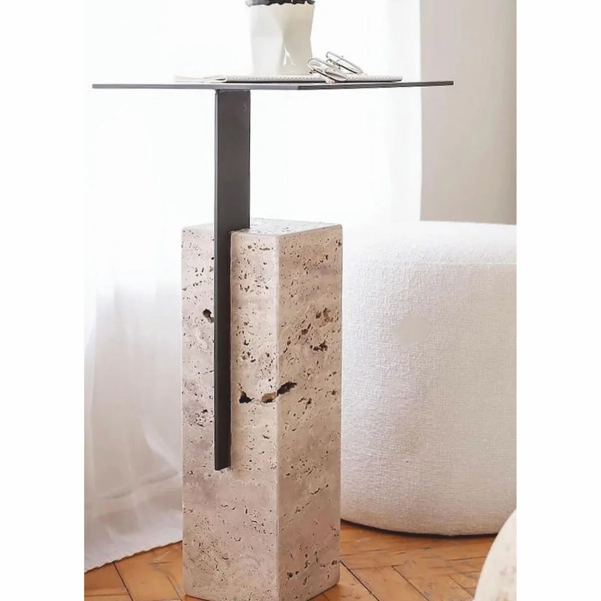 Luxury travertine side table with metal table top beige / black H. 70 cm