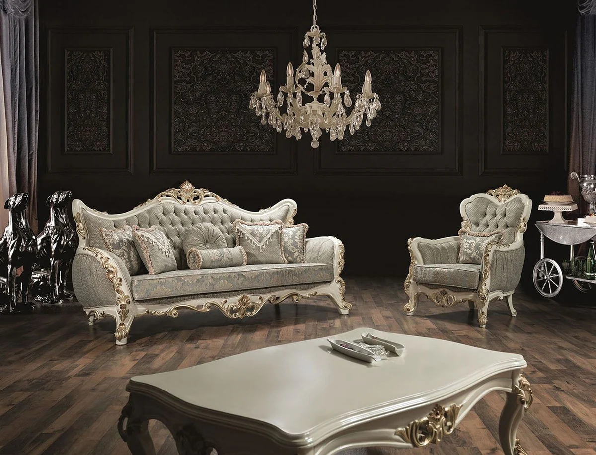 Luxury Baroque Living Room Set Gray / White / Gold - 2 Sofas & 2 Armchairs & 1 Coffee Table - Baroque Style Furniture - Noble & Magnificent
