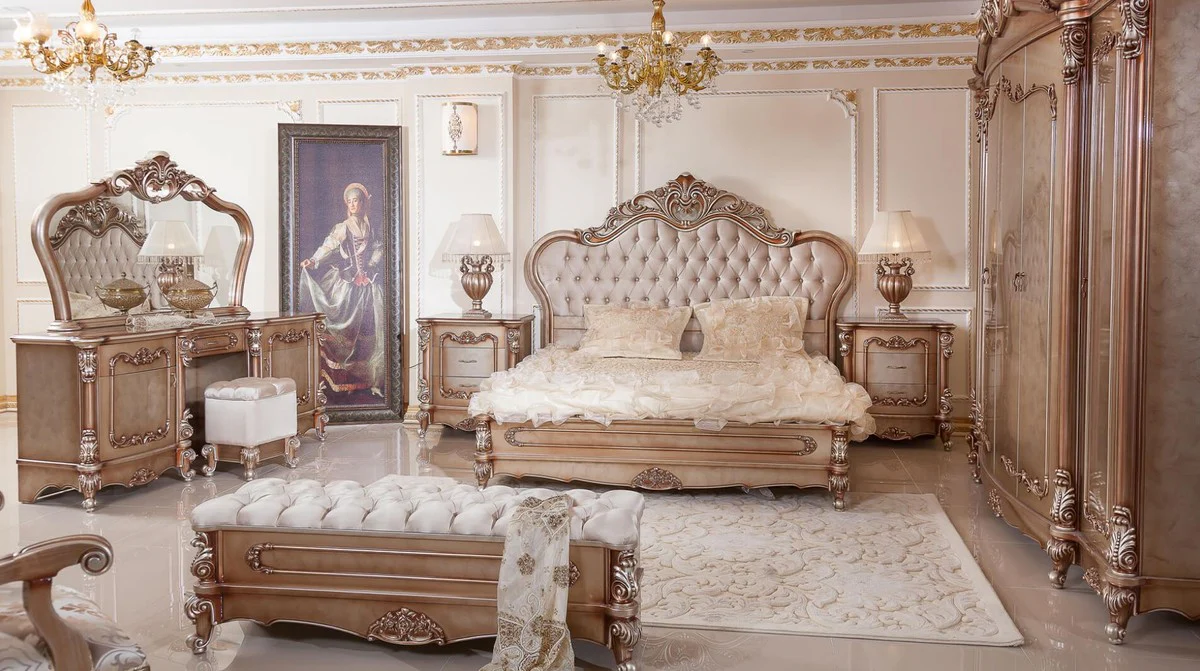 Luxury Baroque Bedroom Set Copper / Silver - 1 Baroque Dressing Table & 1 Baroque Mirror & 1 Baroque Stool - Luxury Bedroom Furniture in Baroque Style - Noble & Magnificent