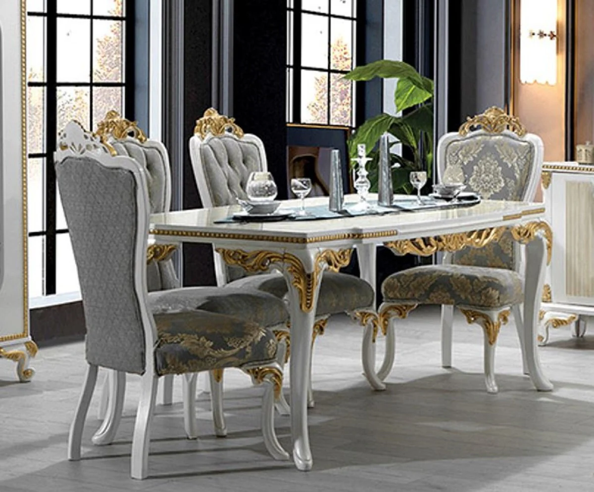 Luxury Baroque Dining Room Set Gray / White / Gold - 1 Baroque Dining Table & 6 Baroque Dining Chairs - Dining Room Furniture in Baroque Style - Noble & Magnificent
