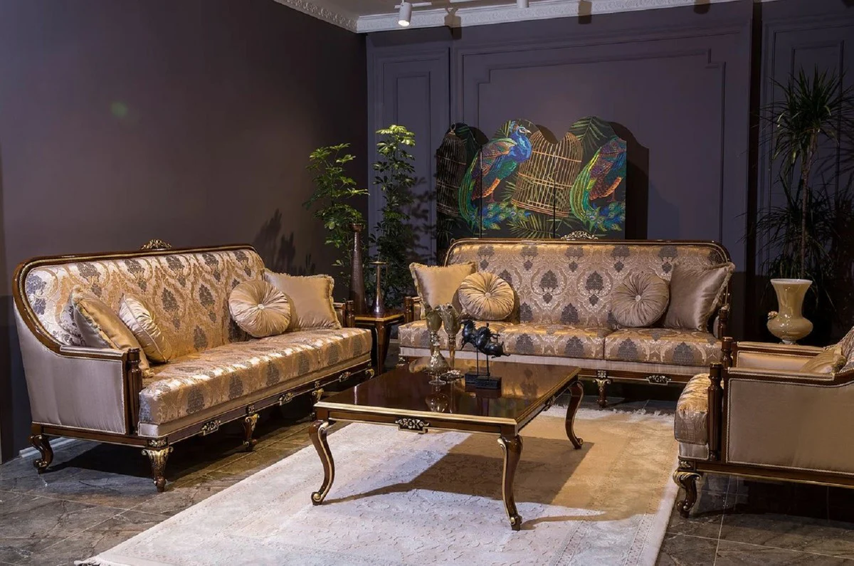 Luxus Barock Wohnzimmer Set Grau / Braun / Gold - 2 Barock Sofas & 2 Barock Sessel & 1 Barock Couchtisch - Wohnzimmer Möbel im Barockstil - Barock Möbel - Barock Einrichtung