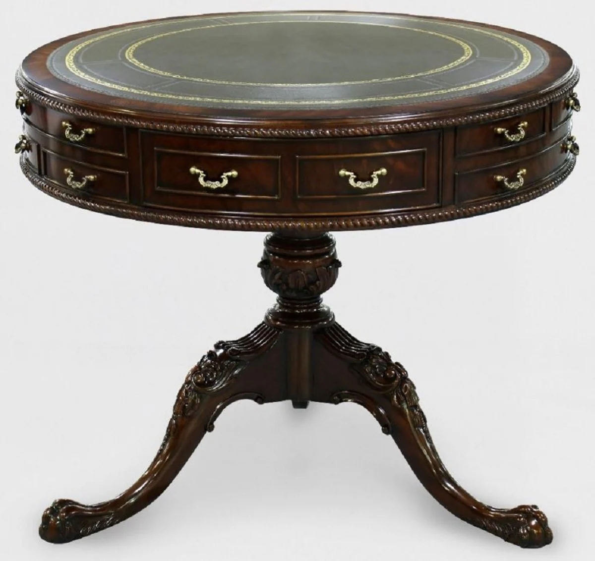 Luxury Baroque side table brown / green / gold Ø 91 x H. 76 cm - Round mahogany table with 14 drawers and real leather - Baroque mahogany furniture