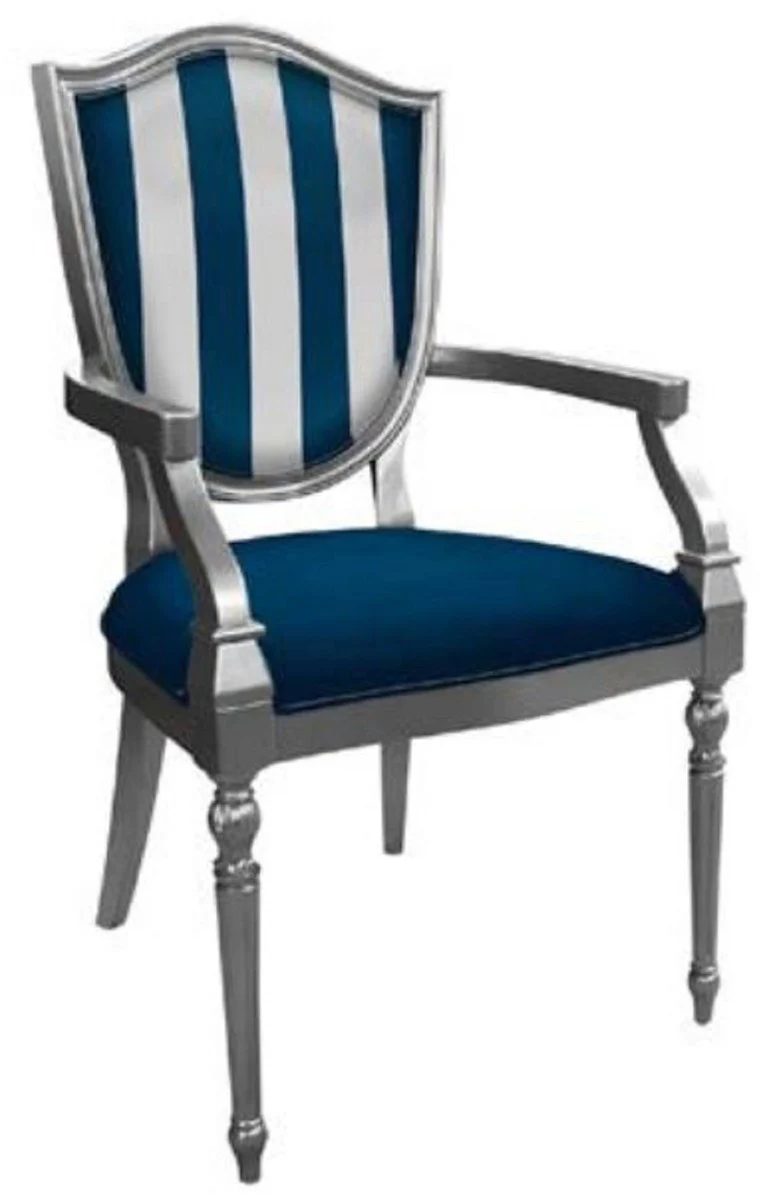 Art Deco Dining Chair Blue / Silver - Striped Solid Wood Chair with Armrests - Art Deco Dining Room Furniture
