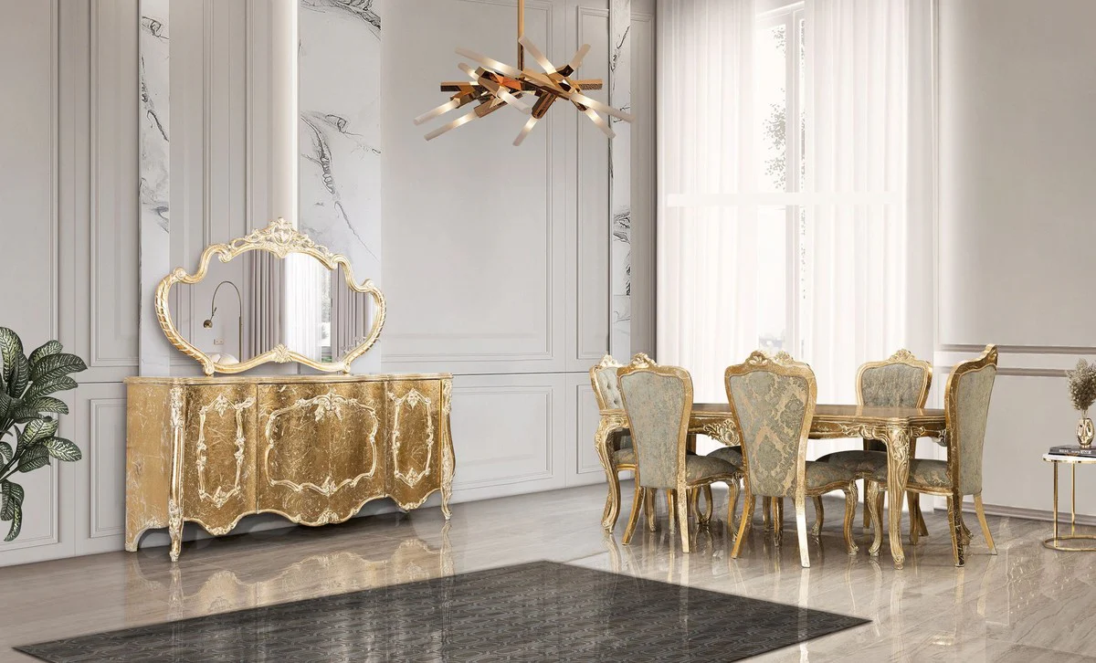Luxury Baroque Dining Room Set Green / Antique Gold - 1 Baroque Dining Table & 6 Baroque Dining Chairs - Luxury Dining Room Furniture in Baroque Style - Magnificent Baroque Dining Room Furniture