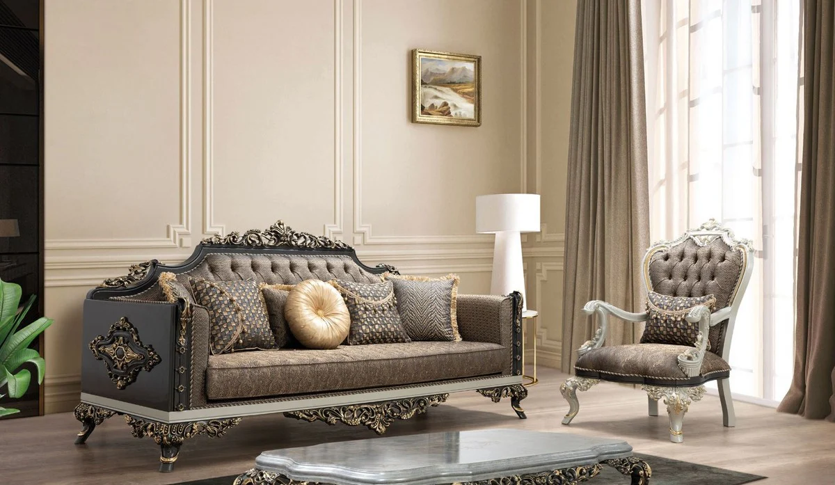 Luxury Baroque Sofa Blue / Gold / Gray / White / Gold - Magnificent living room sofa with elegant pattern - Baroque living room furniture