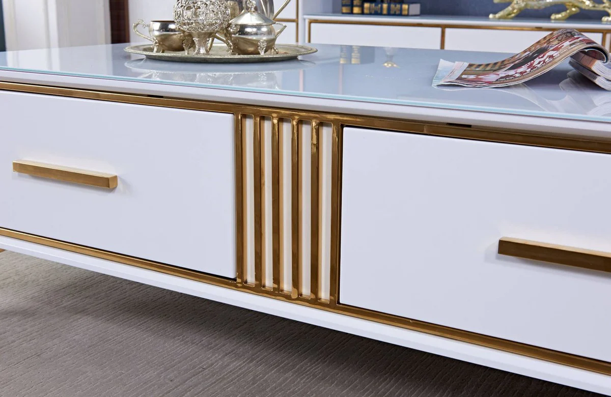 Luxury coffee table white / gold 130 x 70 x H. 41 cm - Modern living room table with 2 drawers - Modern living room furniture