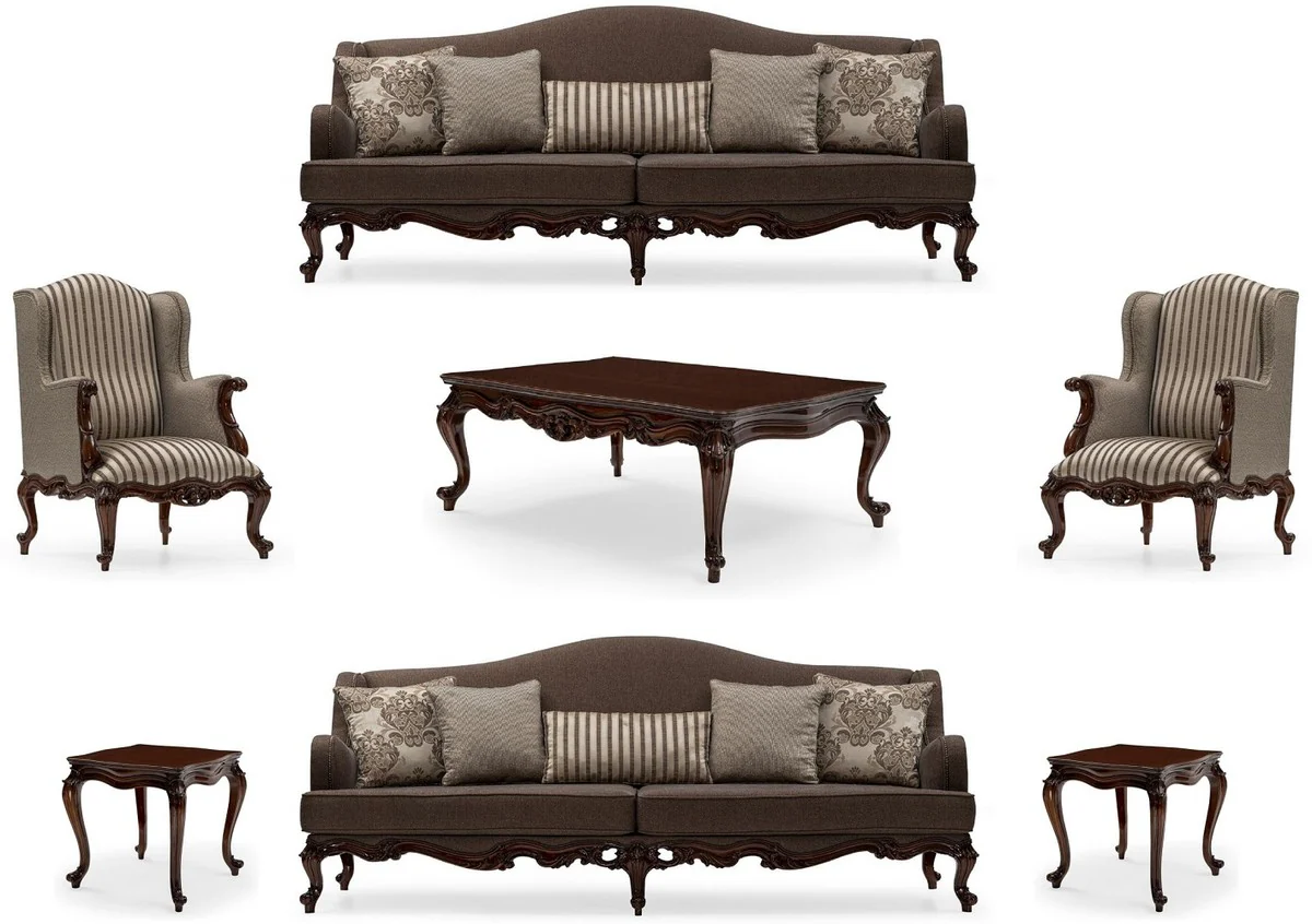 Luxus Barock Wohnzimmer Set Grau / Silber / Braun - 2 Sofas & 2 Sessel & 1 Couchtisch & 2 Beistelltische - Handgefertigte Wohnzimmer Möbel im Barockstil - Edel & Prunkvoll