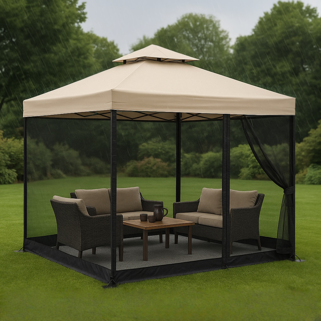 Gartenpavillon aus beigefarbenem/schwarzem Polyester und Metall für den Außenbereich, 300 x 220 x 280 cm