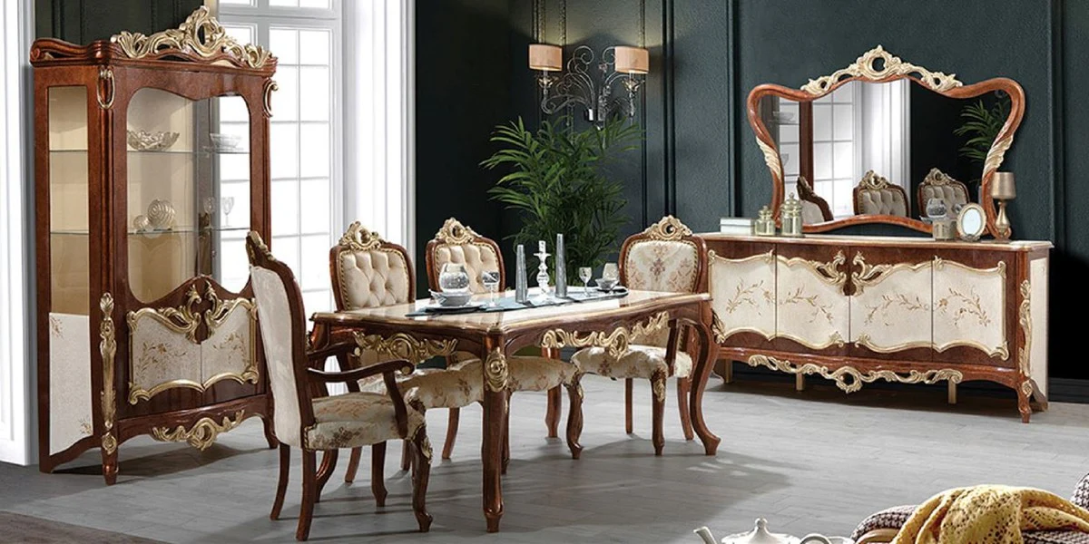 Luxury Baroque Dining Room Set Cream / Brown / Gold - 1 Dining Table & 6 Dining Chairs & 1 Display Cabinet & 1 Sideboard with Wall Mirror - Baroque Dining Room Furniture - Noble & Magnificent