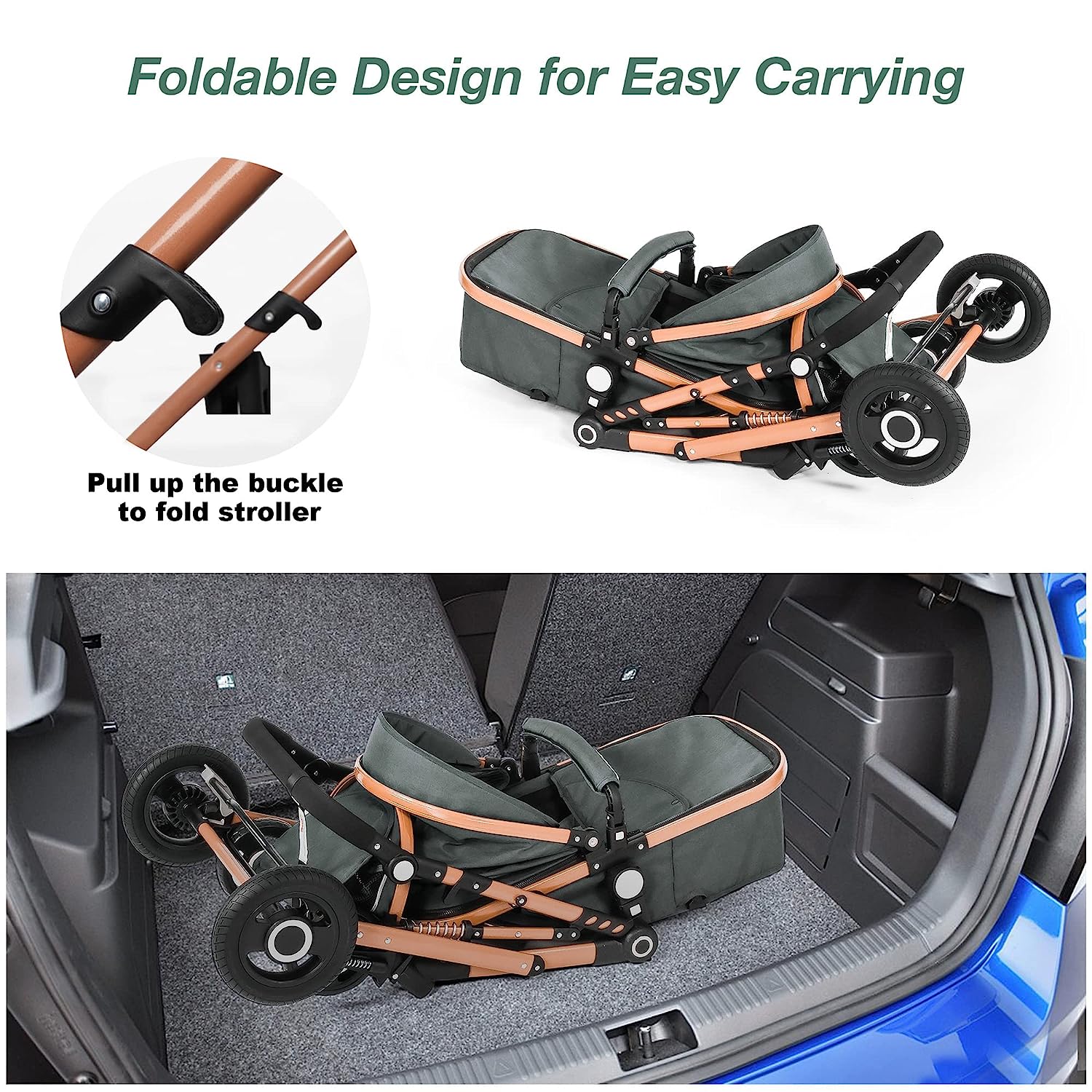 Kinderwagen, Hochformat-Kinderwagen, umkehrbarer Stubenwagen für Neugeborene, faltbarer Kinderwagen mit Fußabdeckung, Getränkehalter, Netz, Sicherheitshandschlaufe (Celadon)