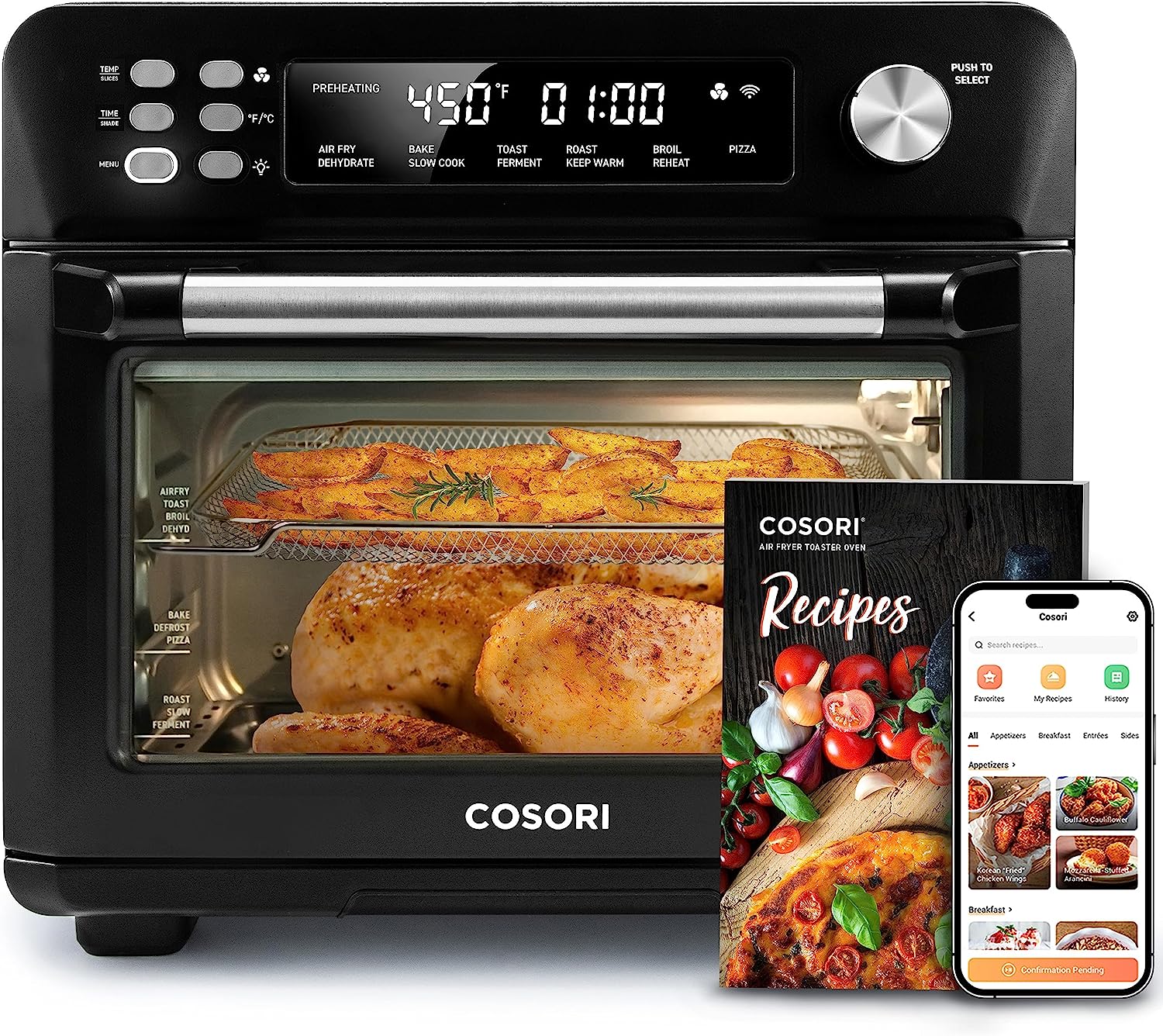 COSORI Toaster Ofen Luft Fryer Combo, 12-in-1, 26QT Konvektion Backofen Countertop, mit Toast, Bake und Broil, Smart, 6 Slice Toast, 12'' Pizza, 75 Rezepte & Zubehör, Schwarz