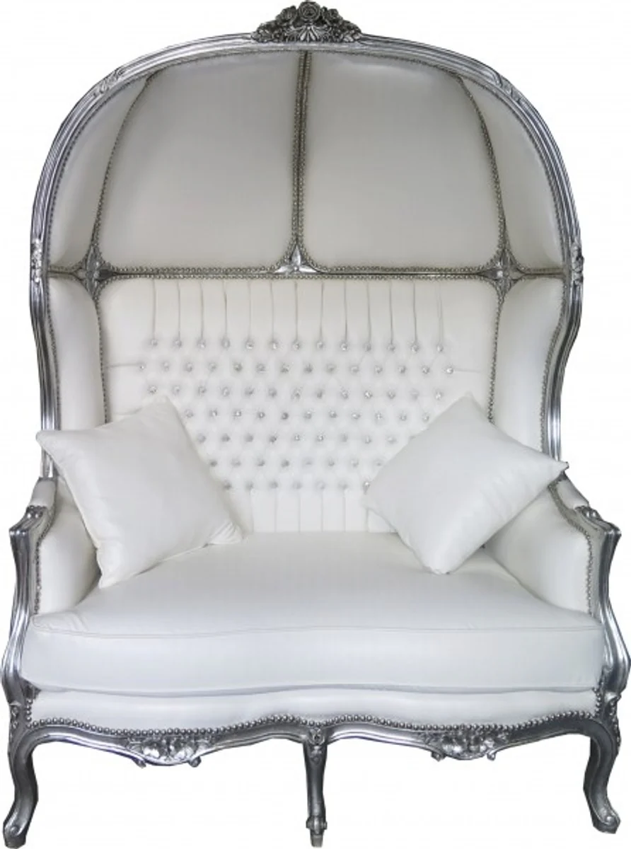 Baroque 2 Seater Balloon Sofa White Leather Look / Silver - Living Room Couch Furniture Lounge Wedding