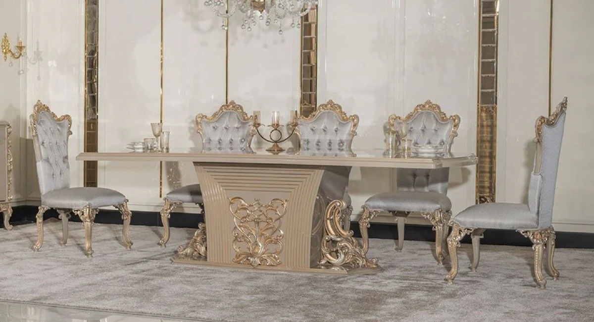Luxury Baroque Dining Room Set Silver / Gray / Gold - 1 Baroque Dining Table & 8 Baroque Dining Chairs