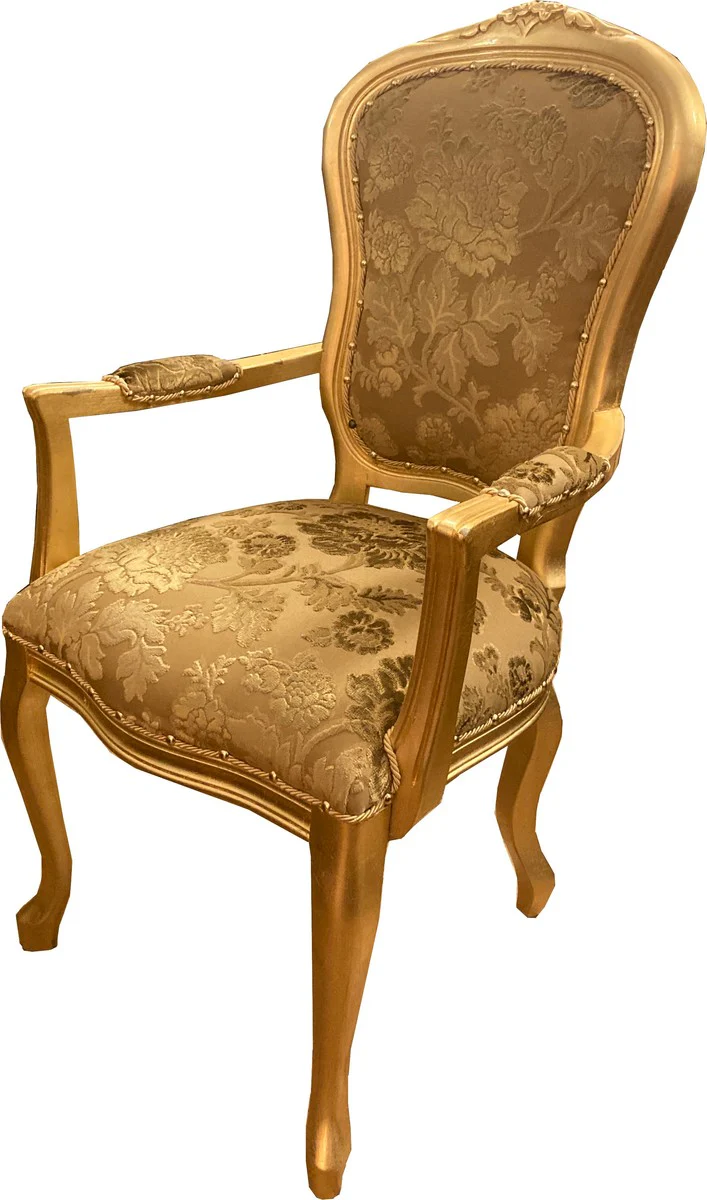Baroque Luxury Dining Chair with Armrests Gold Bouquet Pattern / Gold