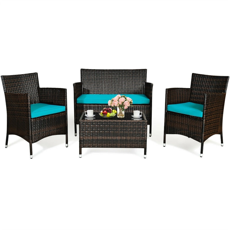 4 Pcs Outdoor Rattan Patio Conversation Set Wicker Furniture Set with Coffee Table and Cushion Sofas