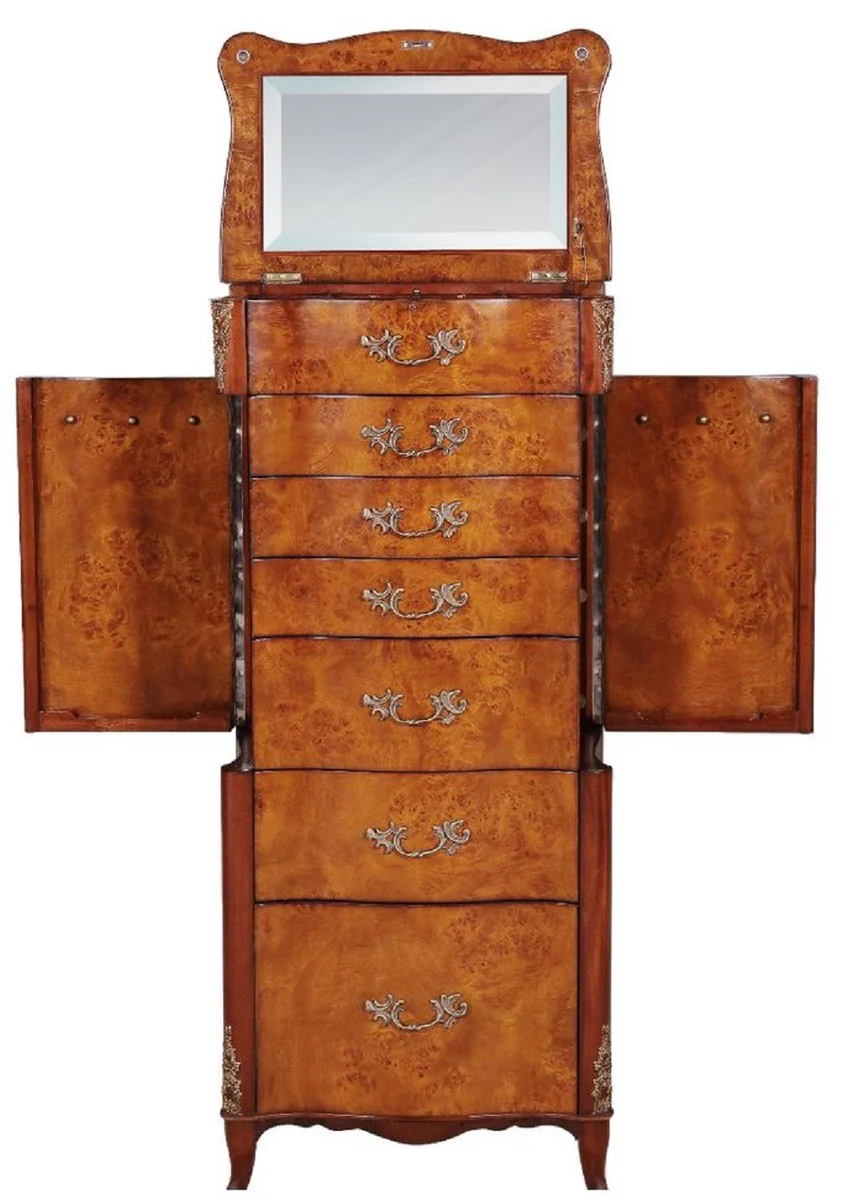 Luxury baroque jewelry chest of drawers light brown / brown / silver 56 x 36 x H. 128 cm - Noble solid wood chest of drawers with mirror - Baroque style jewelry cabinet - Baroque furniture