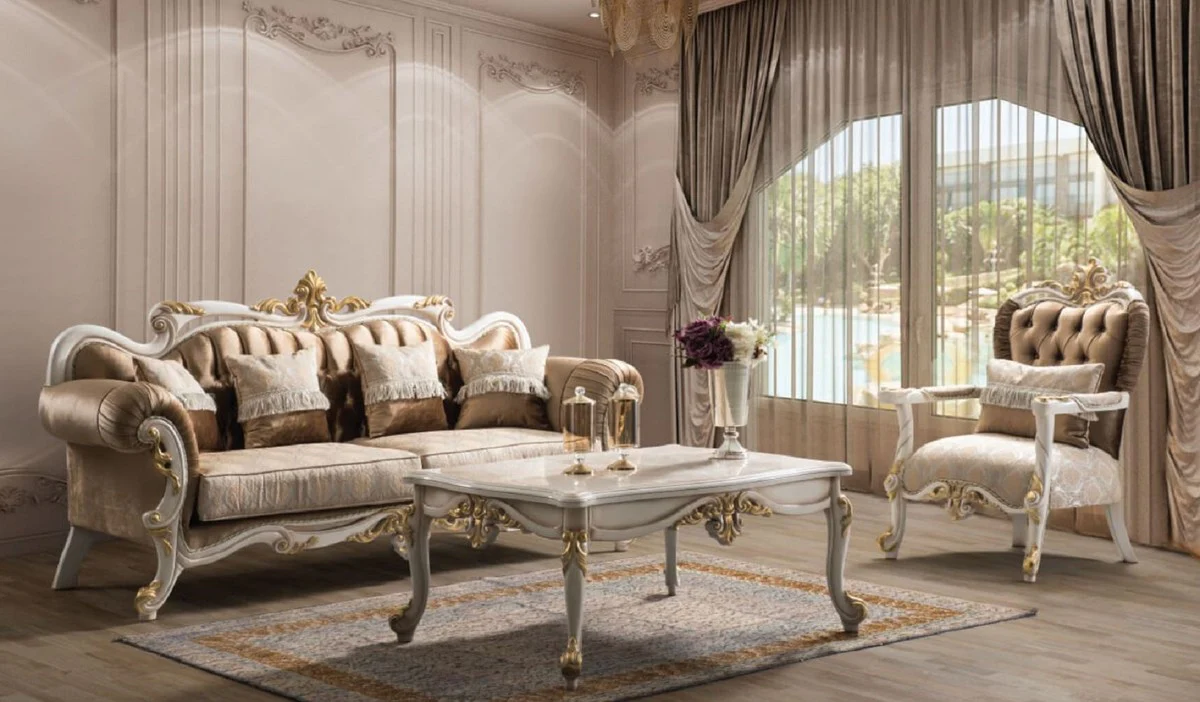 Luxury Baroque Sofa Brown / Silver / White / Gold - Handmade Living Room Sofa with Elegant Pattern - Baroque Living Room Furniture - Noble & Magnificent